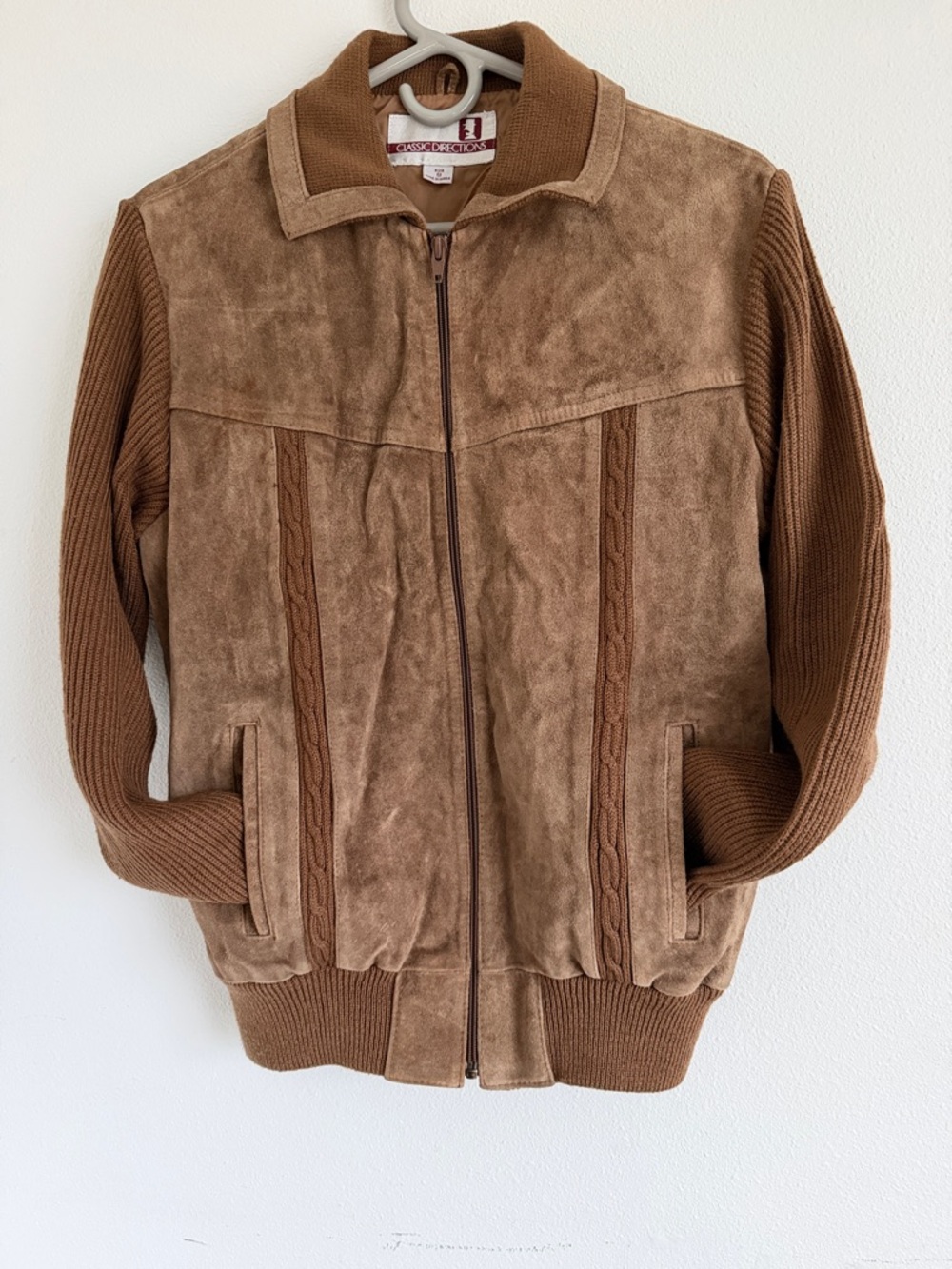 Vintage Brown Zip-Up Suede & Knit Panel Sweater